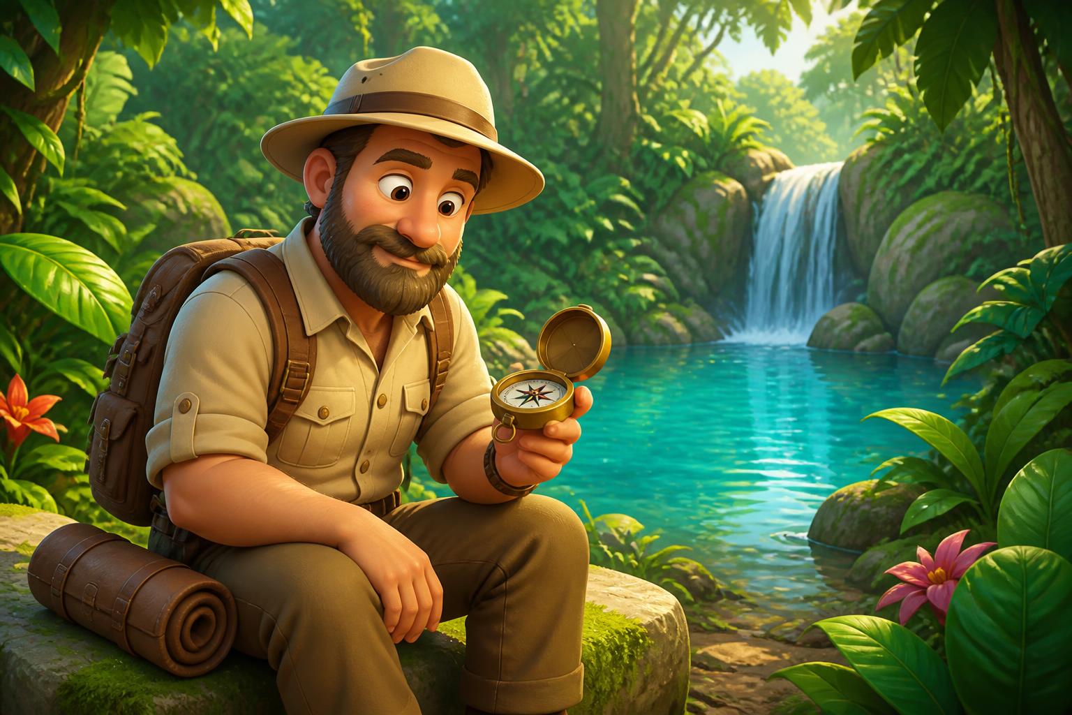 Kompas en kaart op een houten tafel in jungle-stijl
